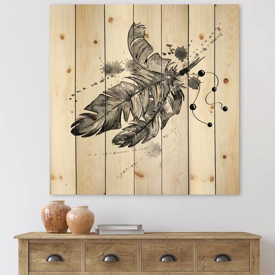 Designart - Black Bird Feathers Impression - Traditional Print on Natural Pine Wood